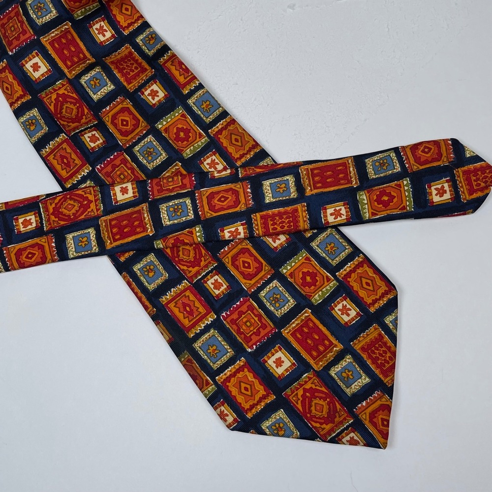 Gian Marco Venturi Silk Tie Necktie Mens Blue Orange Geometric Rug Pattern Italy - Picture 2 of 7